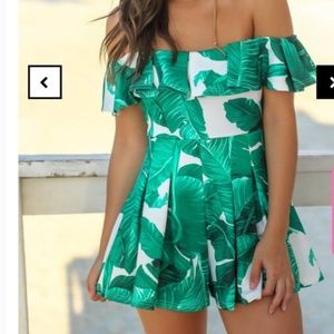 Luxxel Green & White Off-Shoulder Tropical Leaf Romper